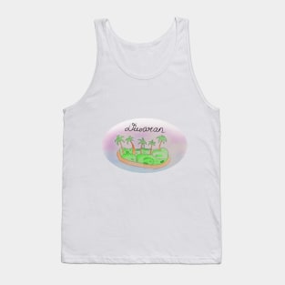 Diwaran watercolor Island travel, beach, sea and palm trees. Holidays and vacation, summer and relaxation Tank Top